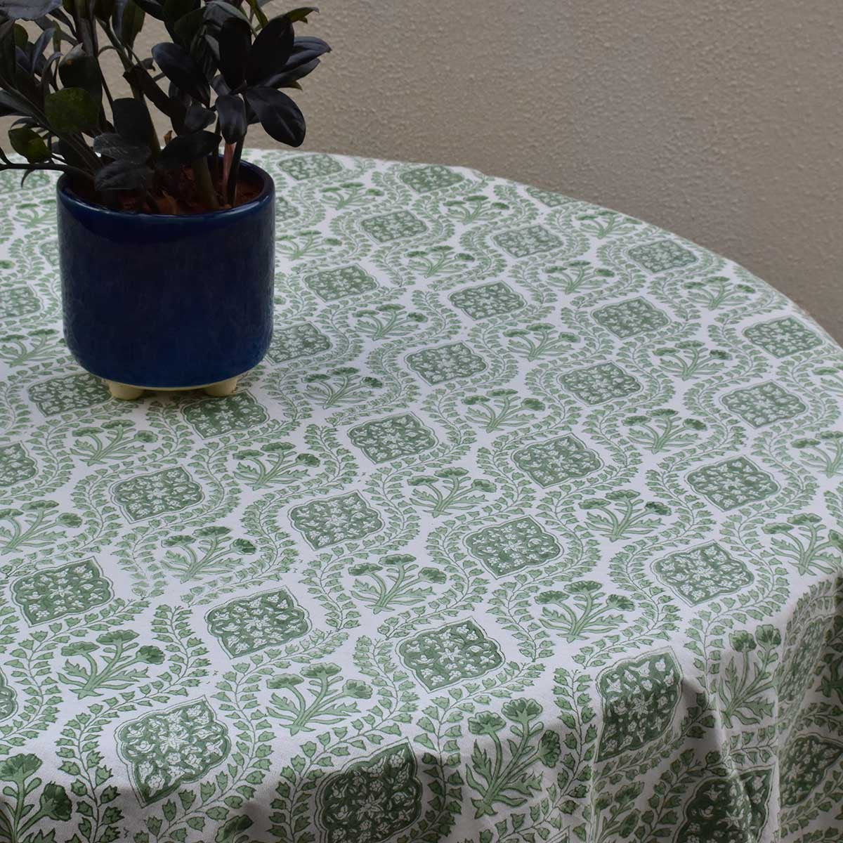 Round 220 cms Cotton French Design Table Cover | Trellis Shale Green 202517