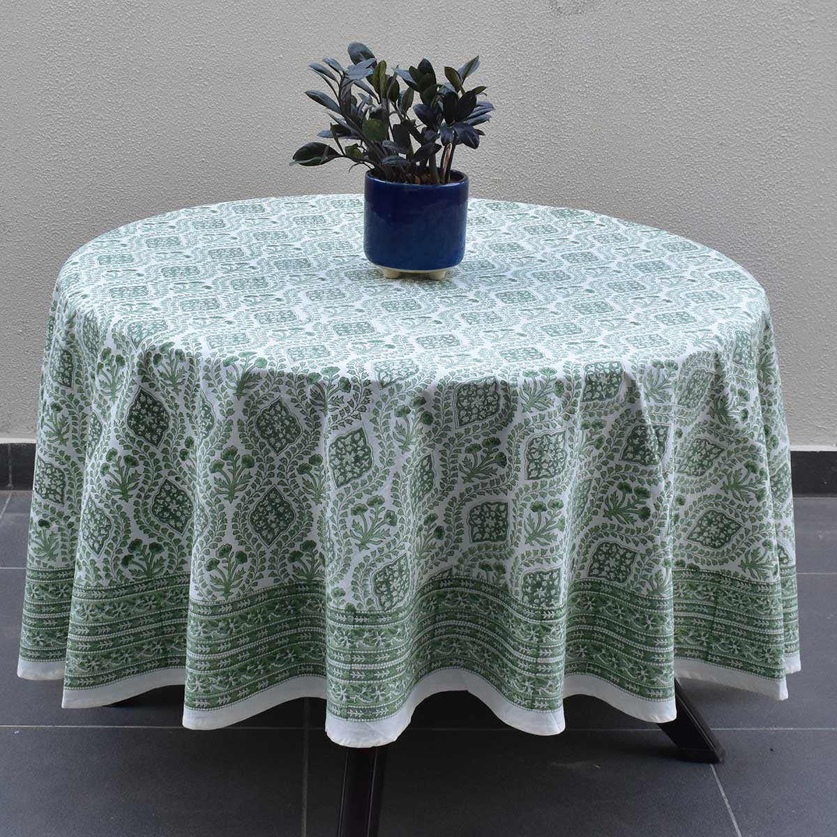 Round 220 cms Cotton French Design Table Cover | Trellis Shale Green 202517