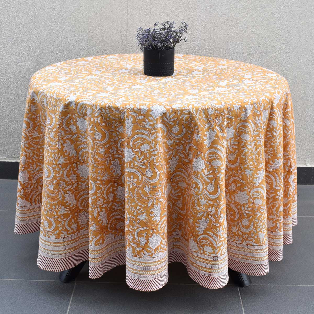 Round 220 cms Cotton French Design Table Cover | Wild Flower Mustard 202401