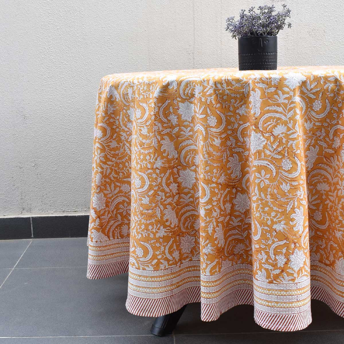 Round 220 cms Cotton French Design Table Cover | Wild Flower Mustard 202401