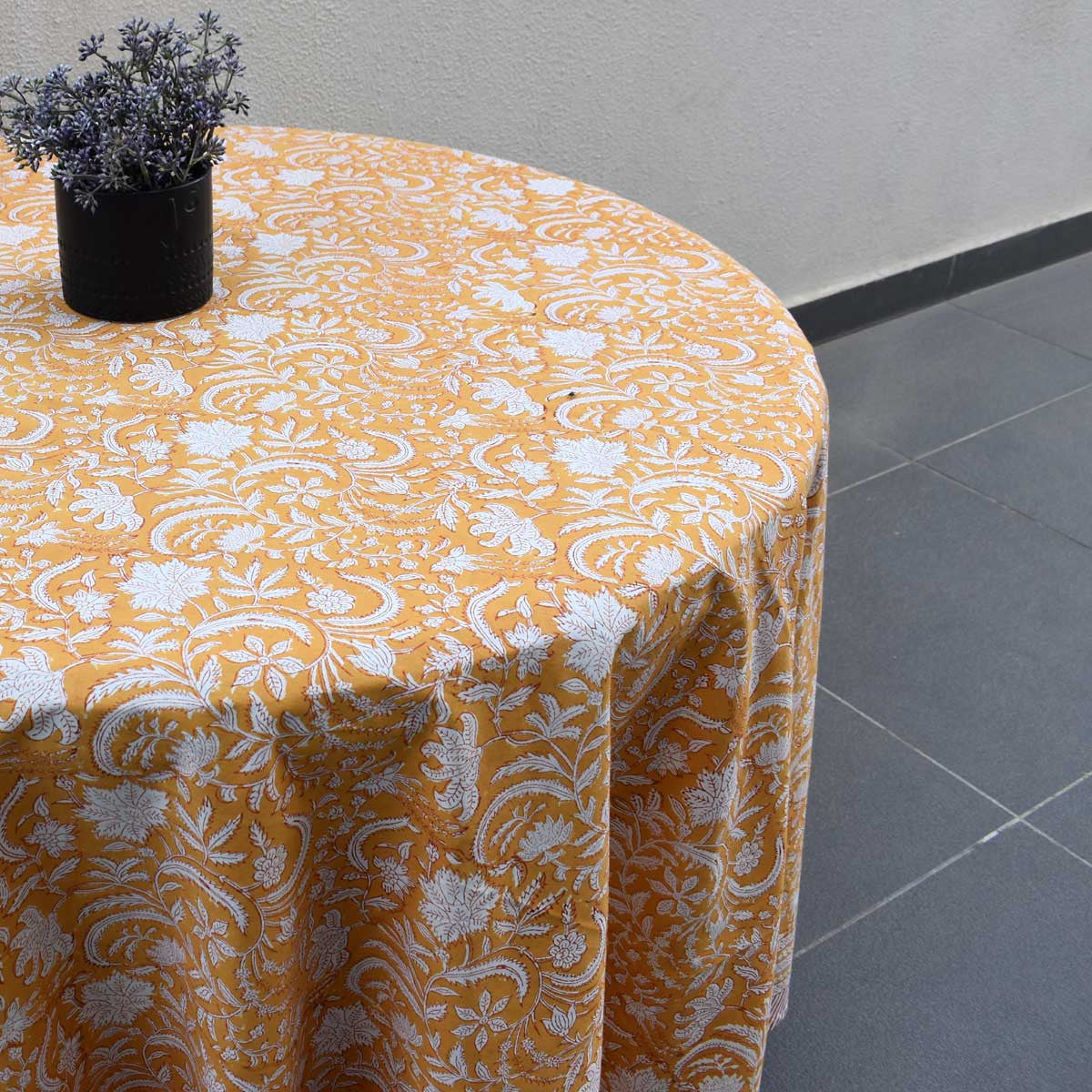 Round 220 cms Cotton French Design Table Cover | Wild Flower Mustard 202401