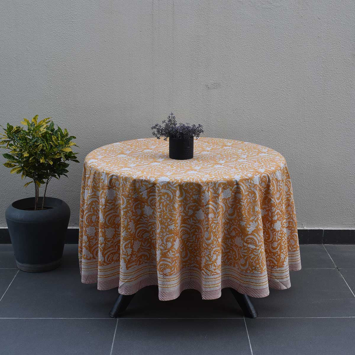 Round 220 cms Cotton French Design Table Cover | Wild Flower Mustard 202401