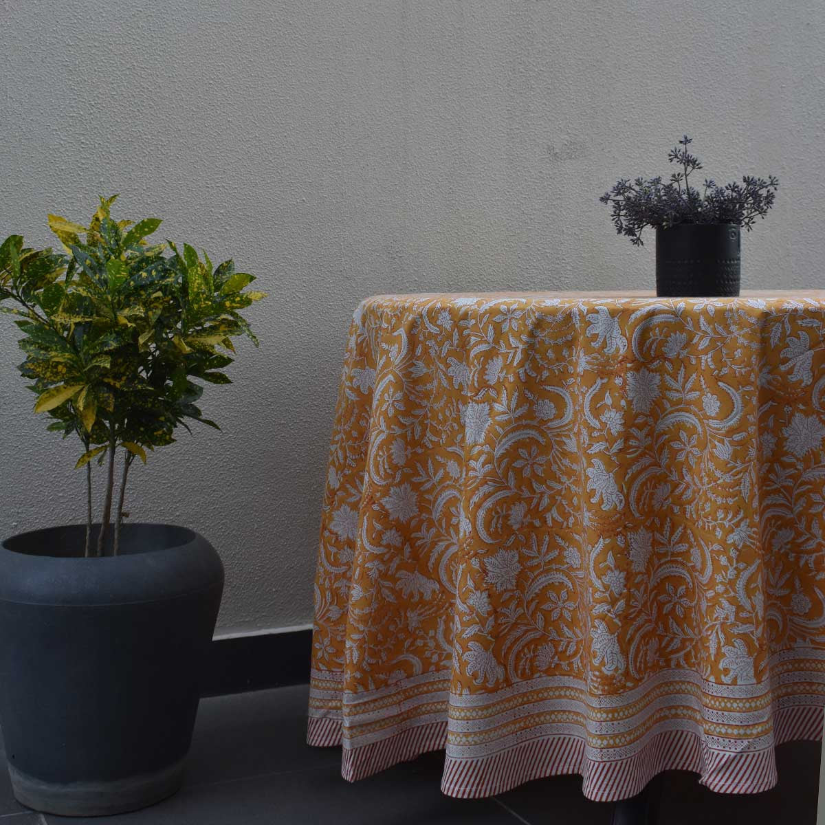Round 220 cms Cotton French Design Table Cover | Wild Flower Mustard 202401