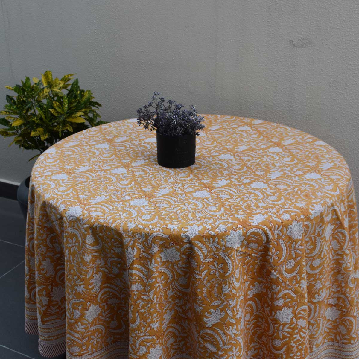 Round 220 cms Cotton French Design Table Cover | Wild Flower Mustard 202401