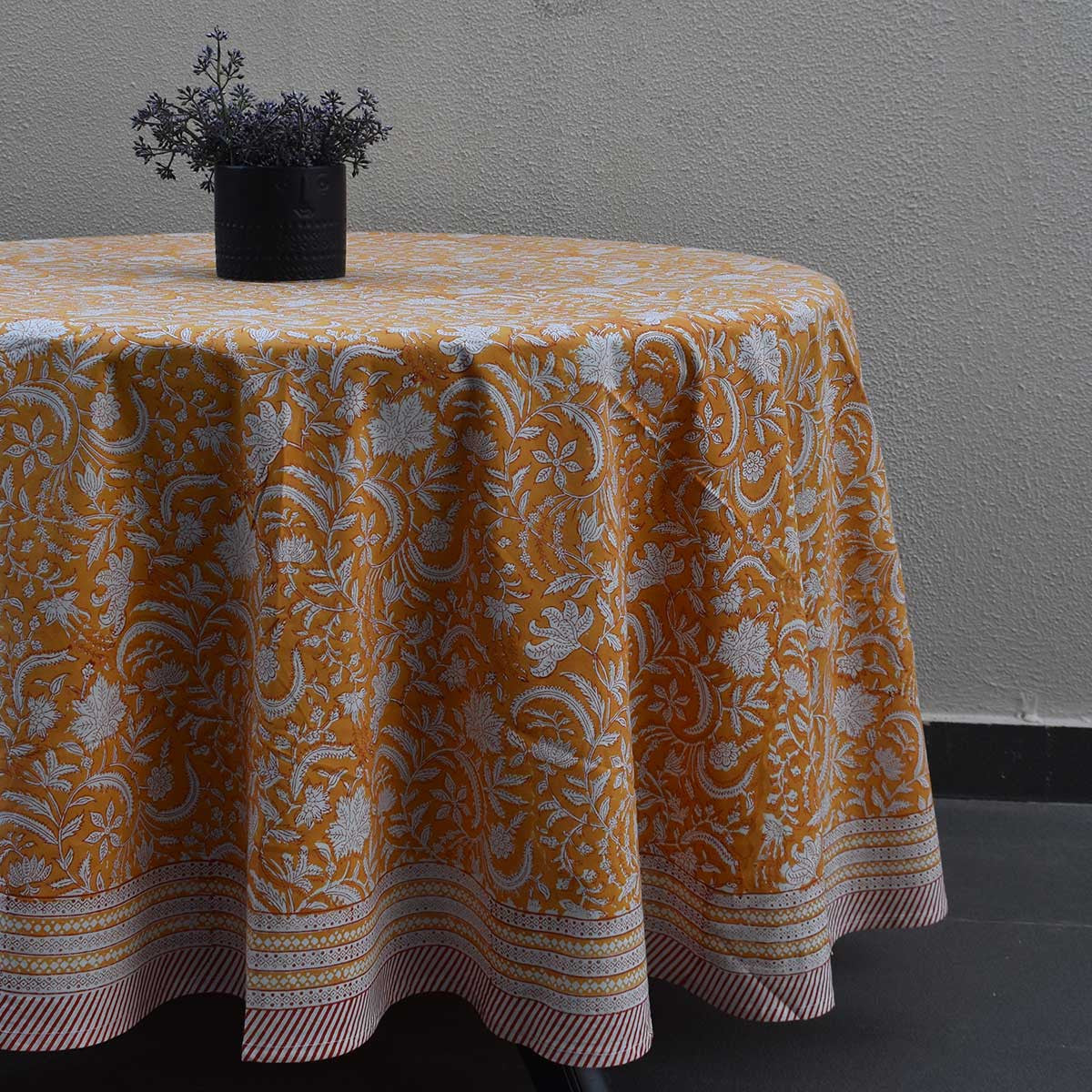 Round 220 cms Cotton French Design Table Cover | Wild Flower Mustard 202401