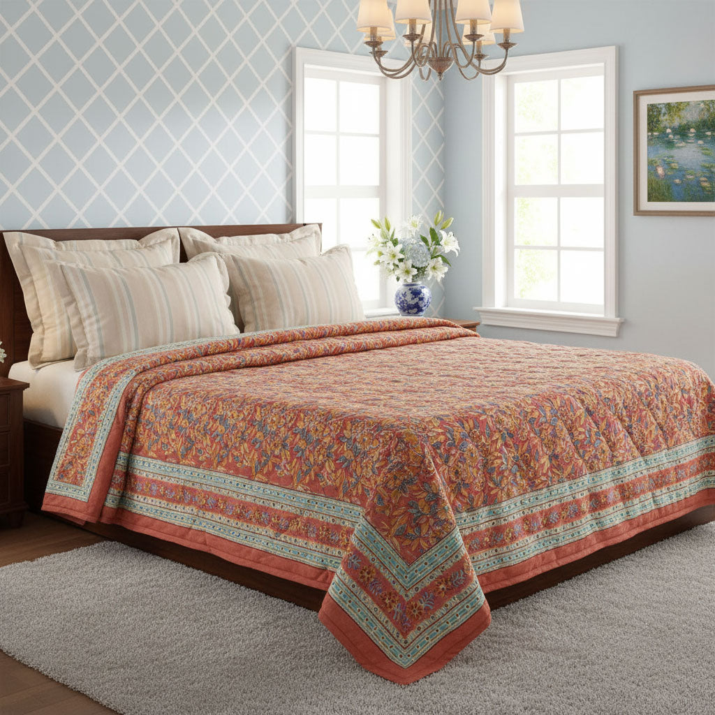 Hand Block Printed Cotton Queen Size Quilt | Sadabahar Orange 251204