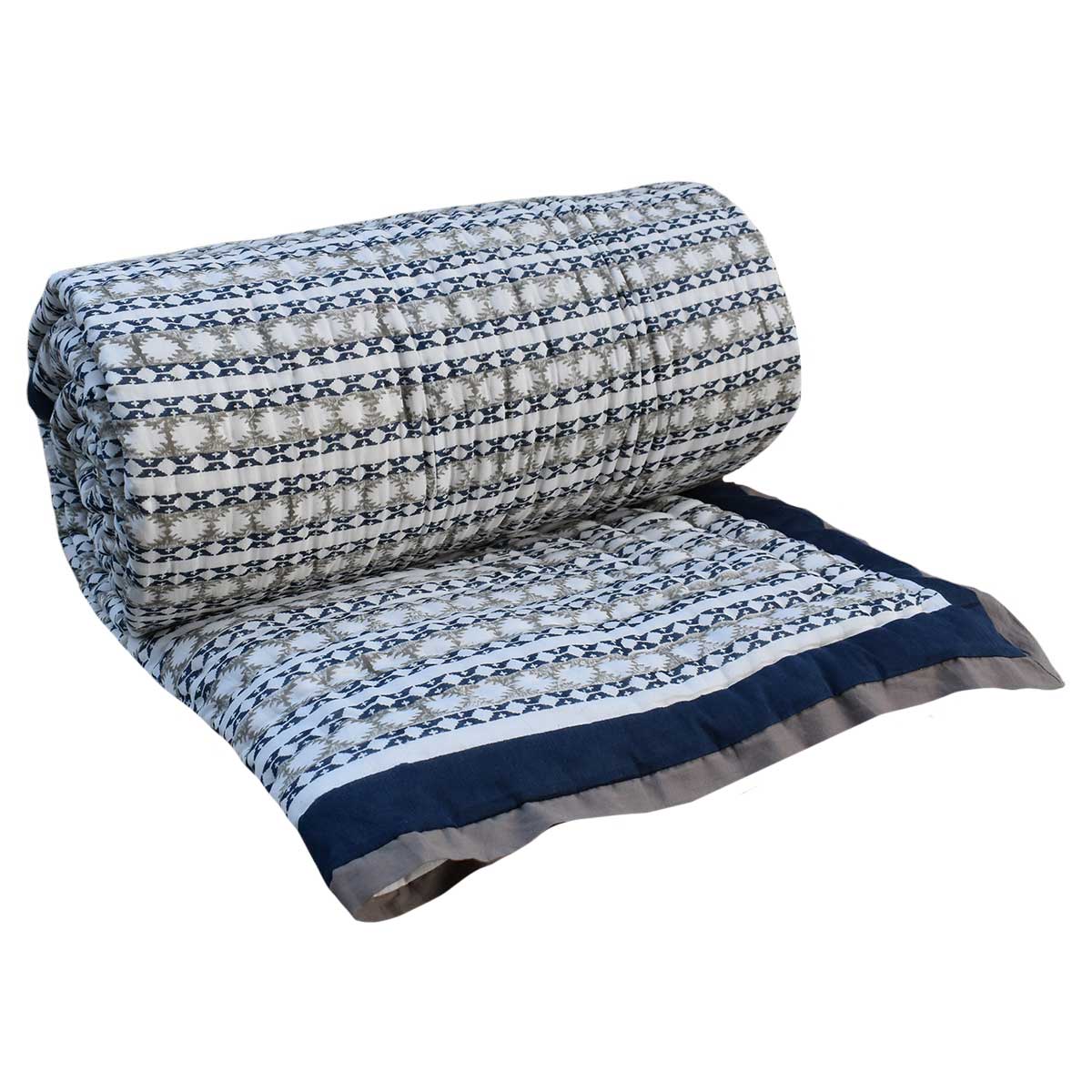 Hand Block Printed Cotton Medium Size Quilt | Nordic Blue Greystone Stripe 202527