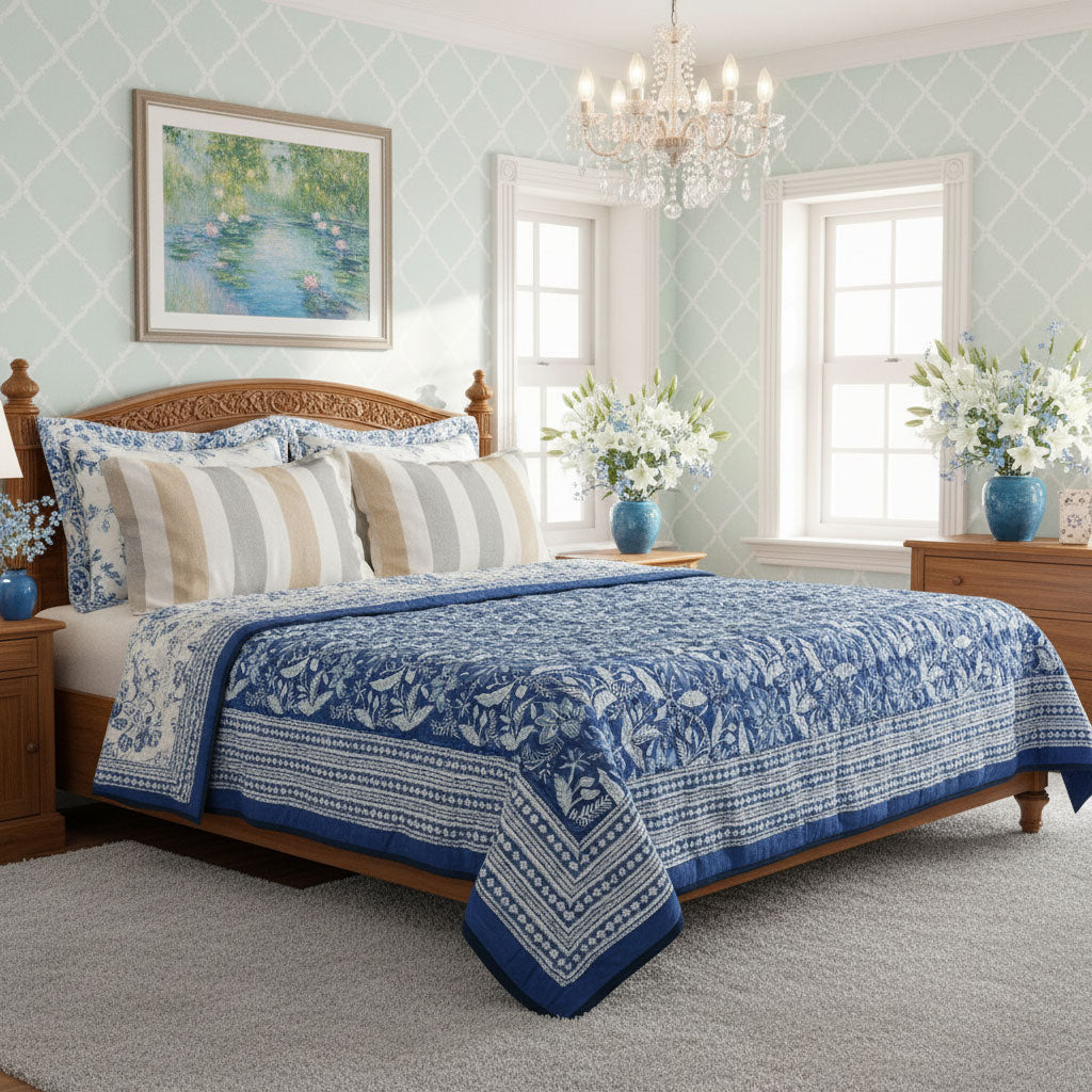 Hand Block Printed Cotton Queen Size Quilt | Bossanova Blue 1624