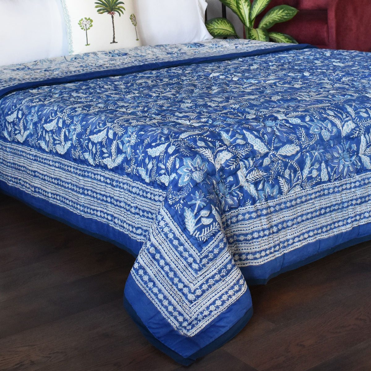 Hand Block Printed Cotton Queen Size Quilt | Bossanova Blue 1624