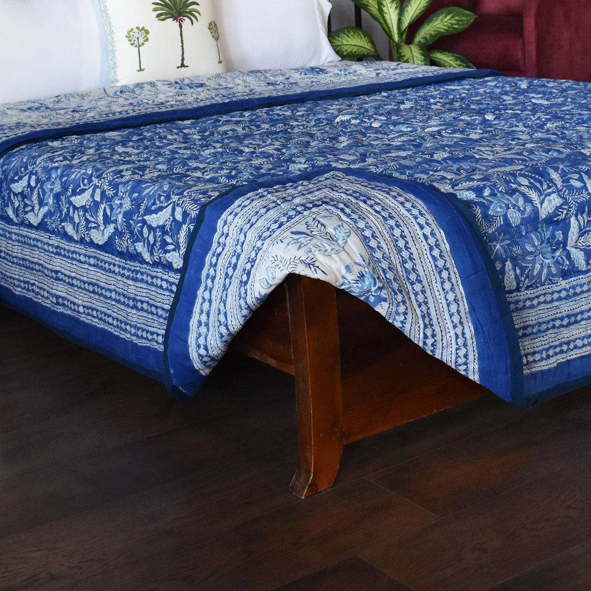 Hand Block Printed Cotton Queen Size Quilt | Bossanova Blue 1624