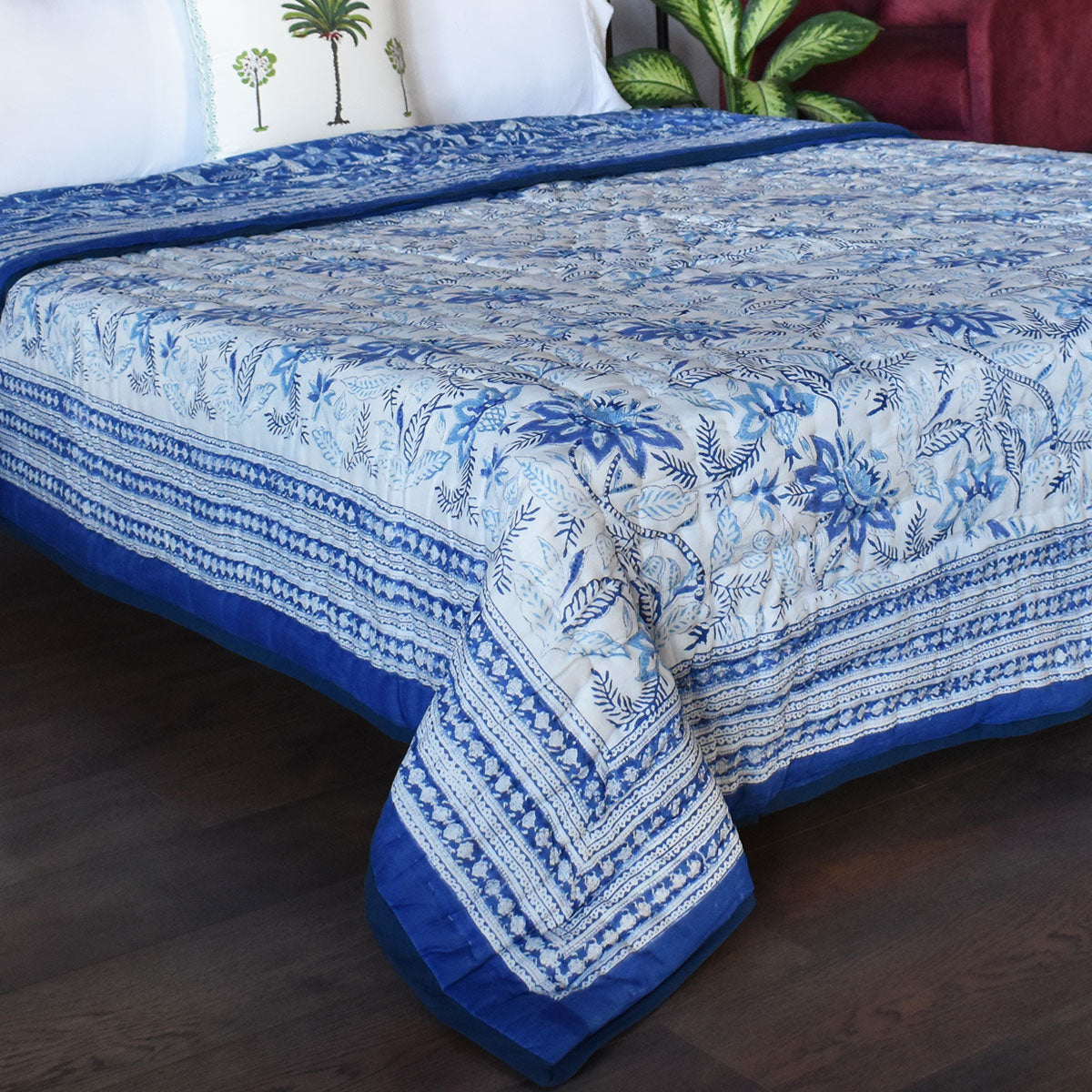 Hand Block Printed Cotton Queen Size Quilt | Bossanova Blue 1624