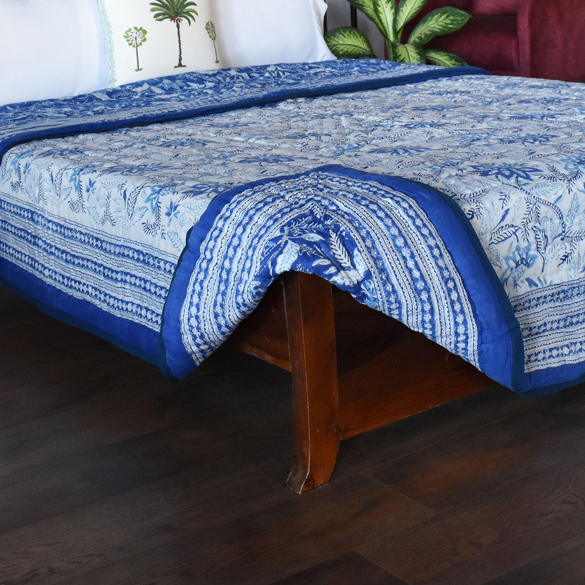 Hand Block Printed Cotton Queen Size Quilt | Bossanova Blue 1624