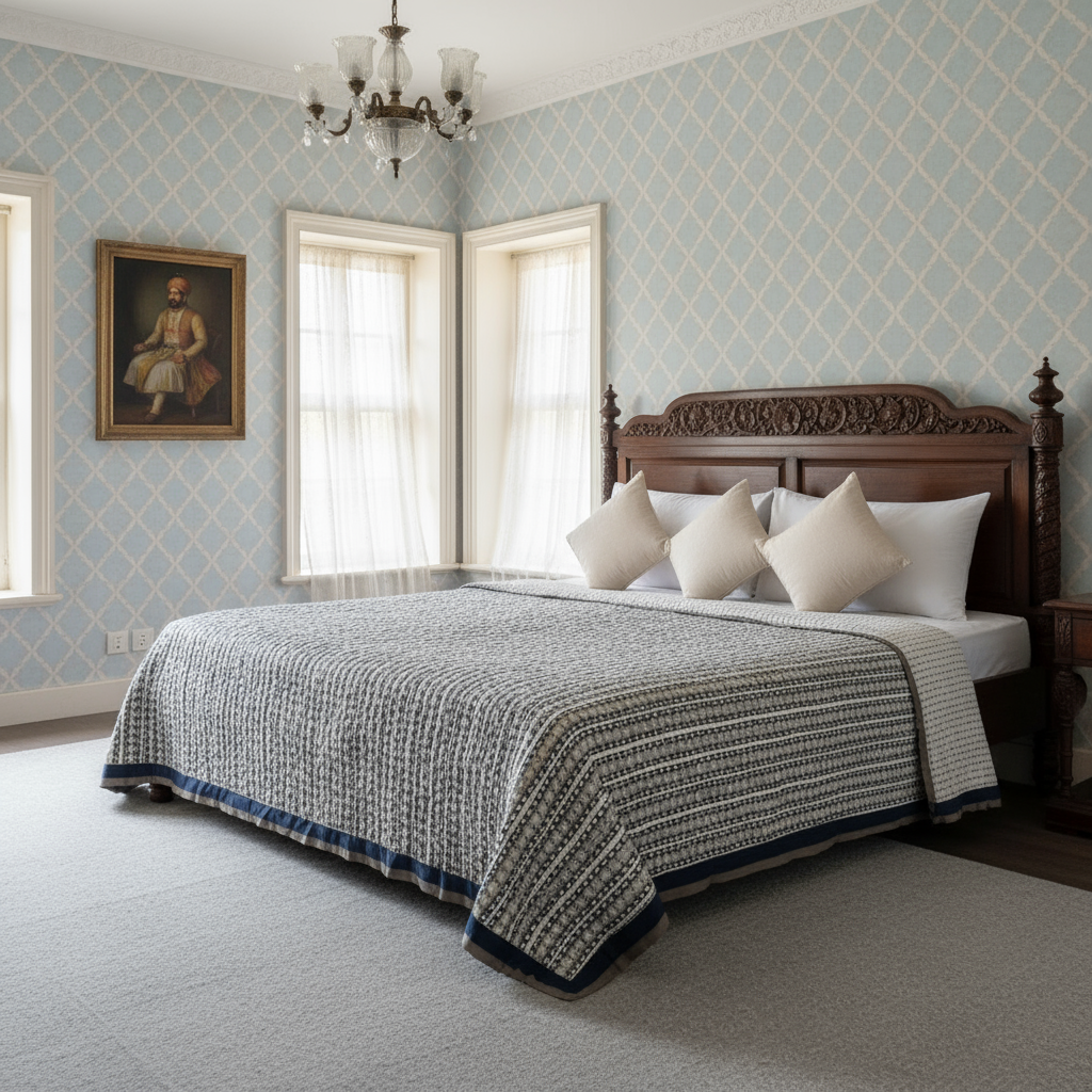 Hand Block Printed Cotton King Size Quilt | Nordic Blue Greystone Stripe 202527