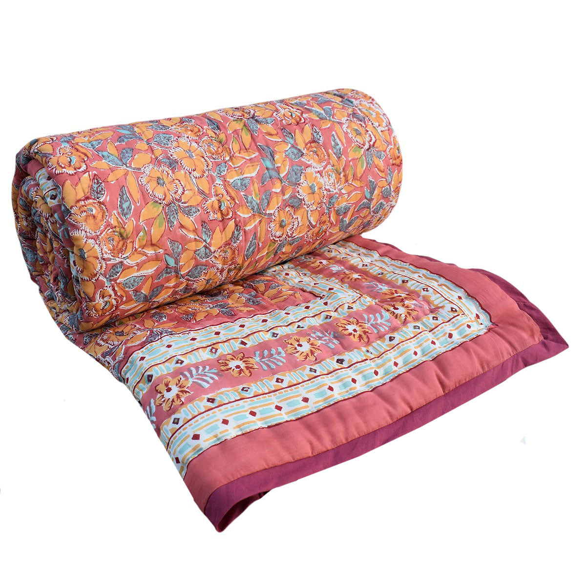 Hand Block Printed Cotton Queen Size Quilt | Sadabahar Orange 251204