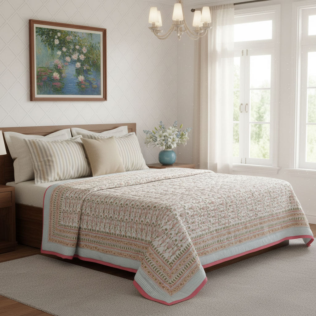 Hand Block Printed Cotton Twin Size Quilt |  Castle Creeper 251210
