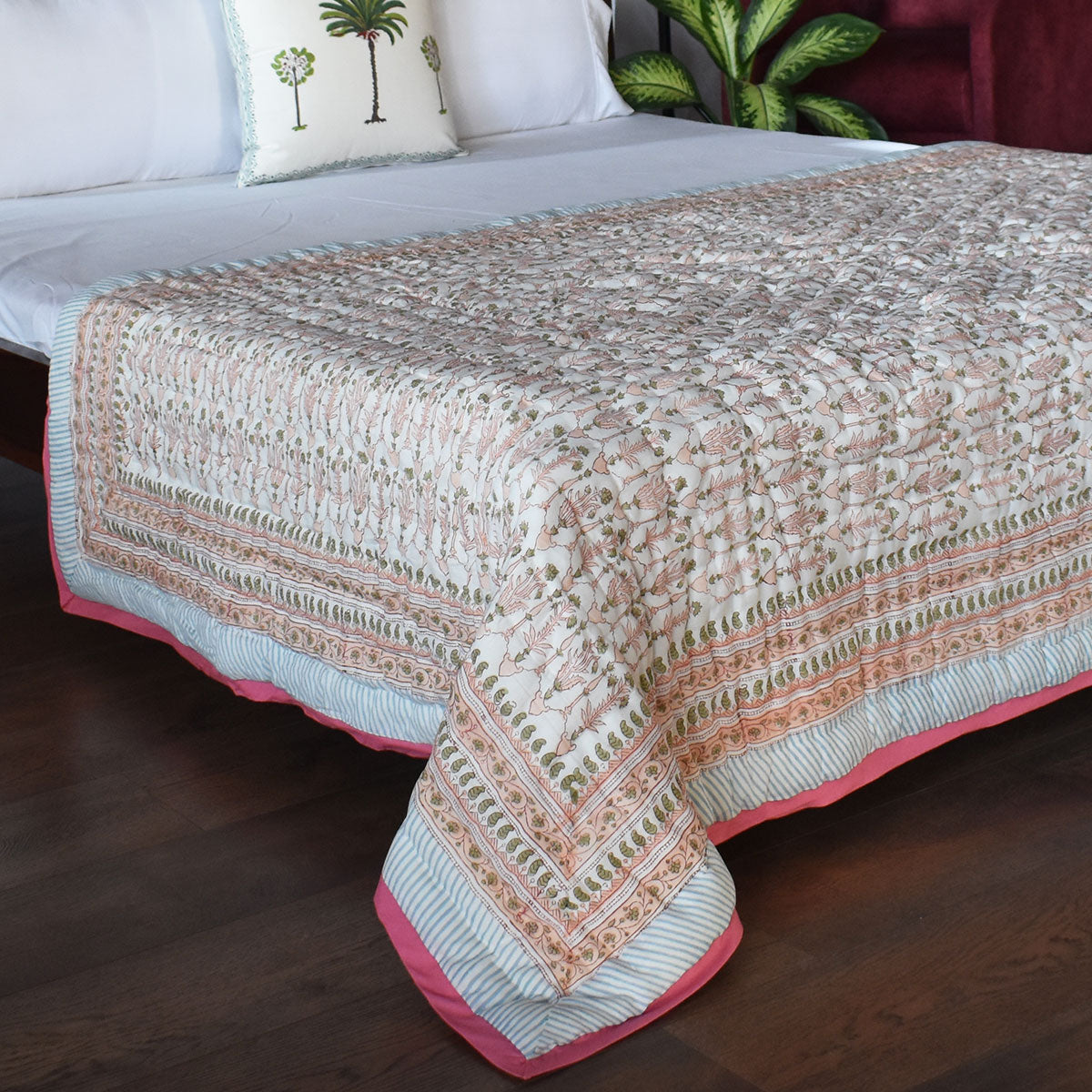 Hand Block Printed Cotton Twin Size Quilt |  Castle Creeper 251210