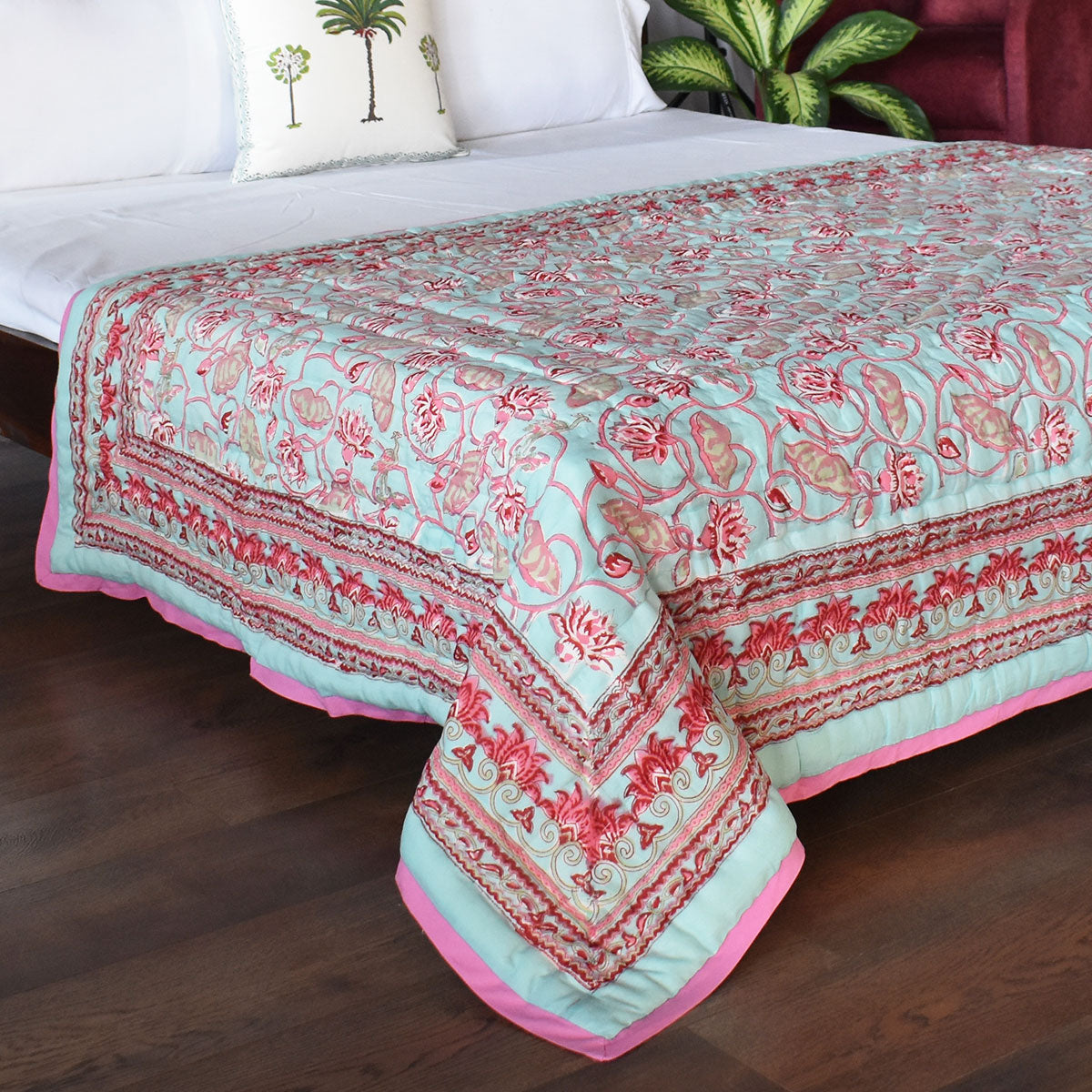 Hand Block Printed Cotton Twin Size Quilt |  Lotus Lake Jade 202202