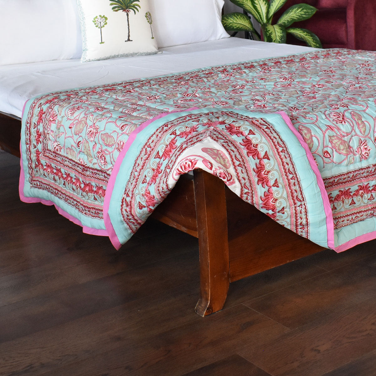 Hand Block Printed Cotton Twin Size Quilt |  Lotus Lake Jade 202202