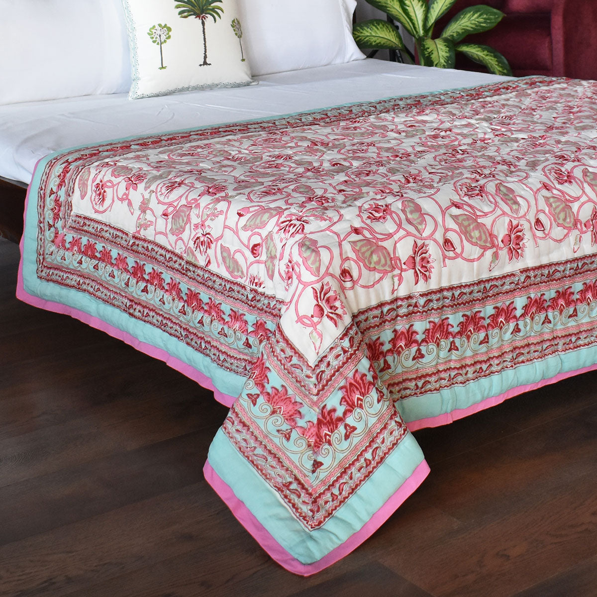 Hand Block Printed Cotton Twin Size Quilt |  Lotus Lake Jade 202202