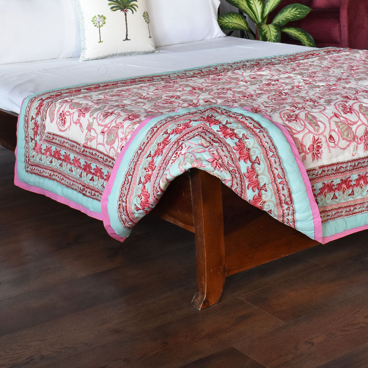 Hand Block Printed Cotton Twin Size Quilt |  Lotus Lake Jade 202202
