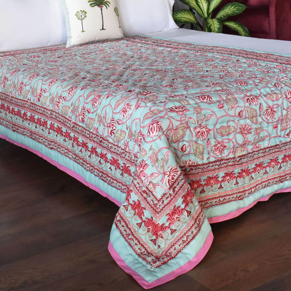 Hand Block Printed Cotton Twin Size Quilt |  Lotus Lake Jade 202202