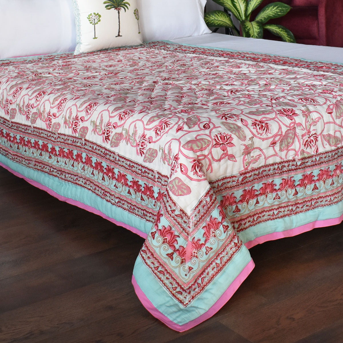 Hand Block Printed Cotton Twin Size Quilt |  Lotus Lake Jade 202202