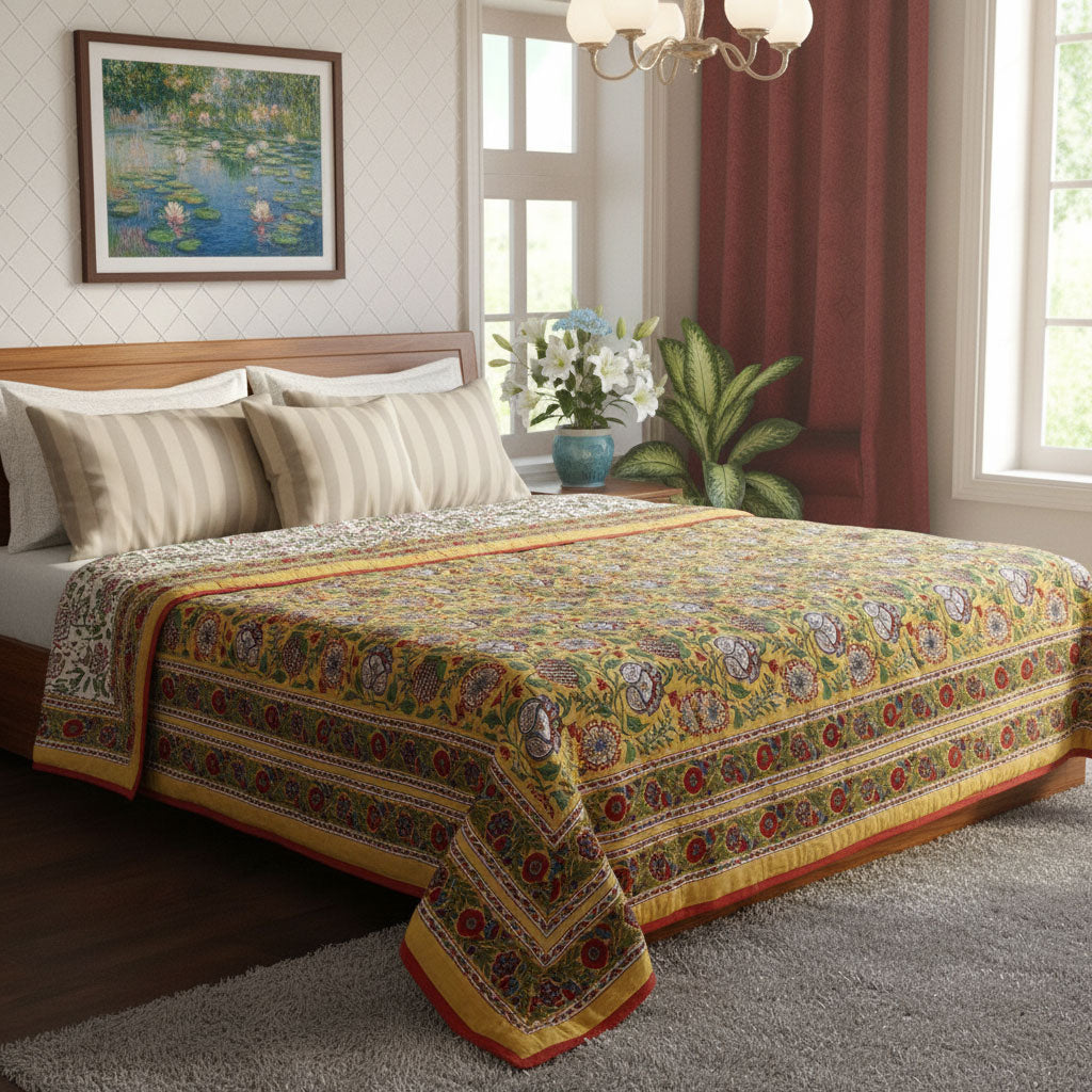 Hand Block Printed Cotton Queen Size Quilt |  Spring Yellow Garden 251206