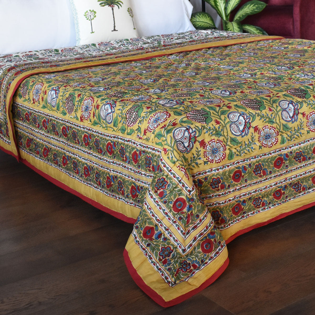 Hand Block Printed Cotton Queen Size Quilt |  Spring Yellow Garden 251206