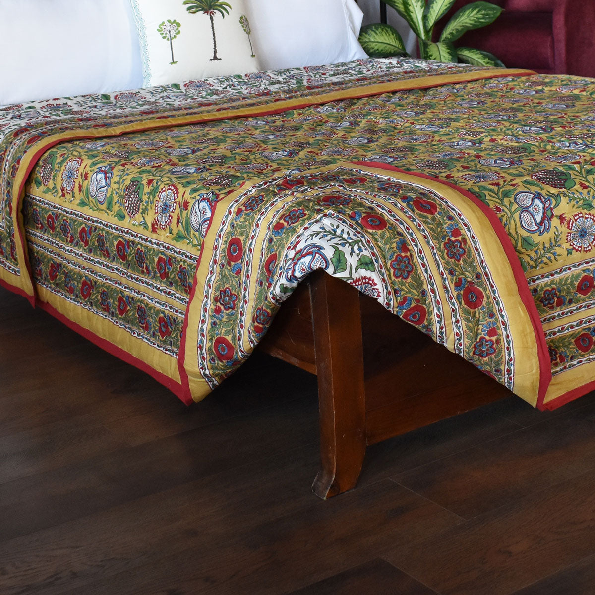 Hand Block Printed Cotton Queen Size Quilt |  Spring Yellow Garden 251206