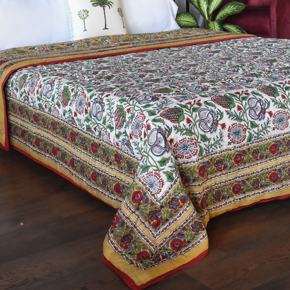 Hand Block Printed Cotton Queen Size Quilt |  Spring Yellow Garden 251206
