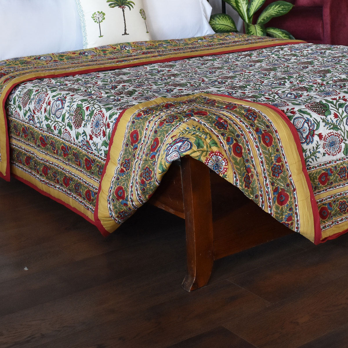 Hand Block Printed Cotton Queen Size Quilt |  Spring Yellow Garden 251206