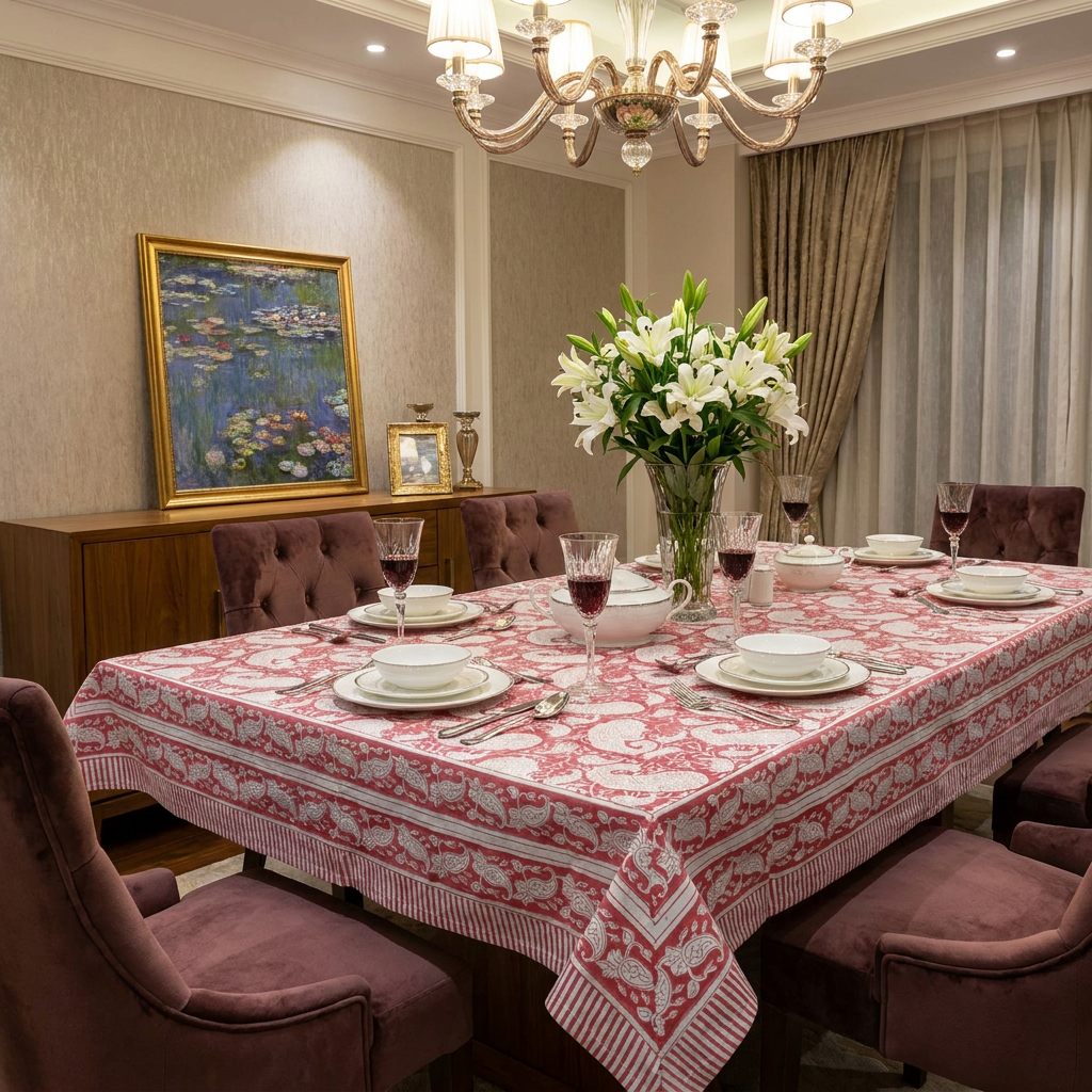 Tablecloth 12 seater in Cotton Hand Block Printed Cotton Tablecloth 180x340 cms | Ambi Raspberry 620630