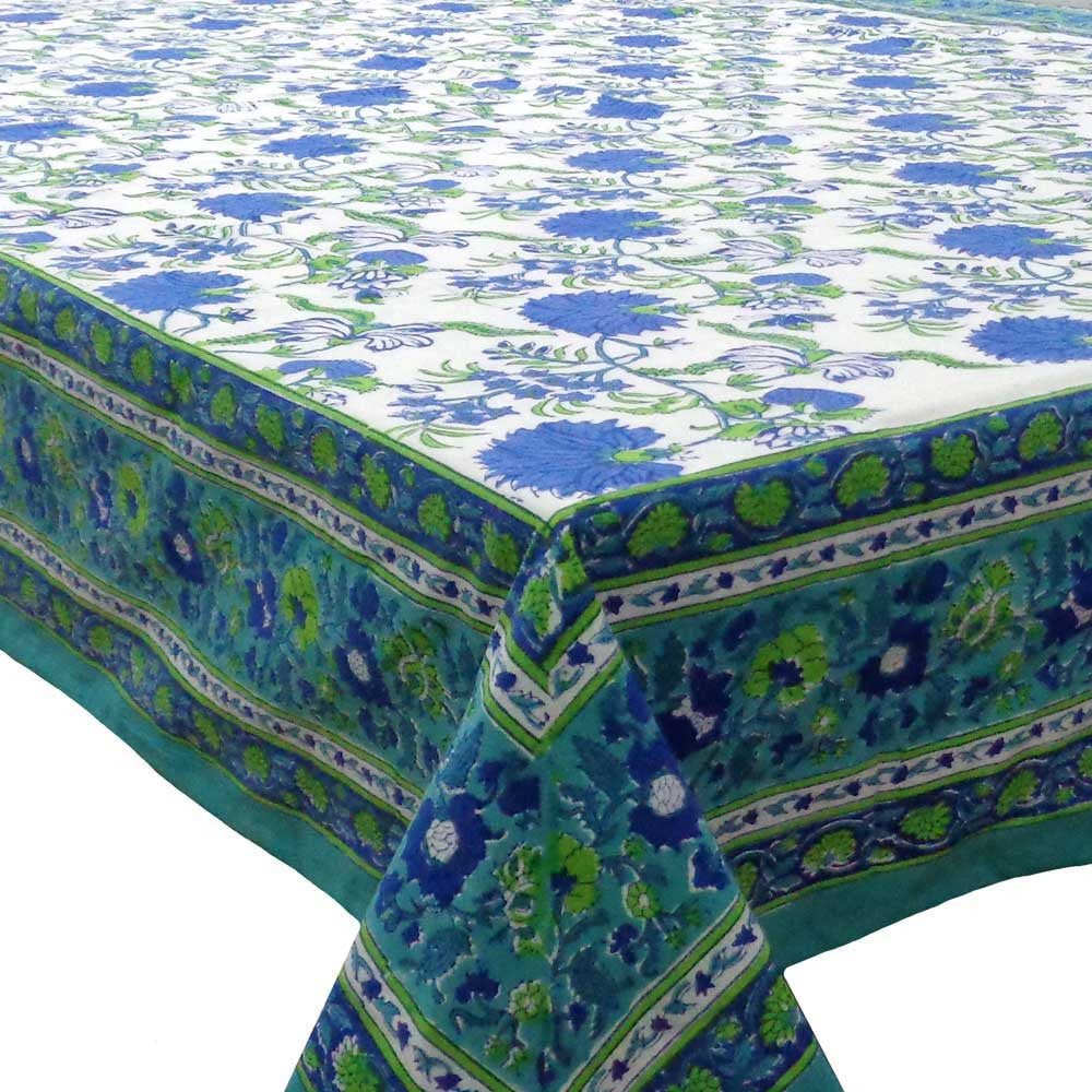 Tablecloth 12 seater in Cotton Hand Block Printed Cotton Tablecloth 180x340 cms | Flower Blossom Sea Green Open 100358
