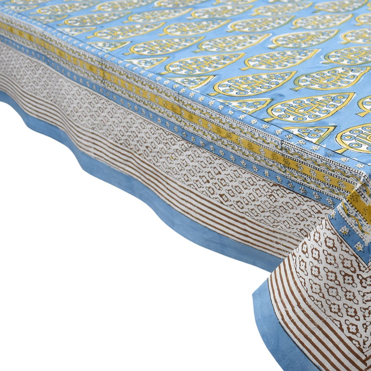 Tablecloth 12 seater in Cotton Hand Block Printed Cotton Tablecloth 180x340 cms | Gola Patti Aqua 202301