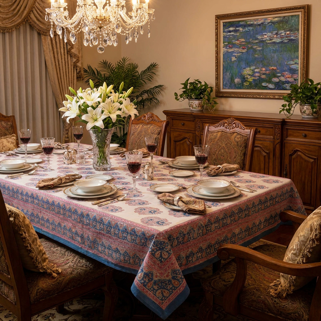 Tablecloth 12 seater in Cotton Hand Block Printed Cotton Tablecloth 180x340 cms | Kusum Gulabi Boota 205379