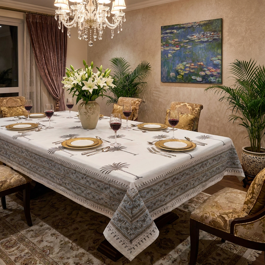 Tablecloth 12 seater in Cotton Hand Block Printed Cotton Tablecloth 180x340 cms | Palm Tree Grey 105175