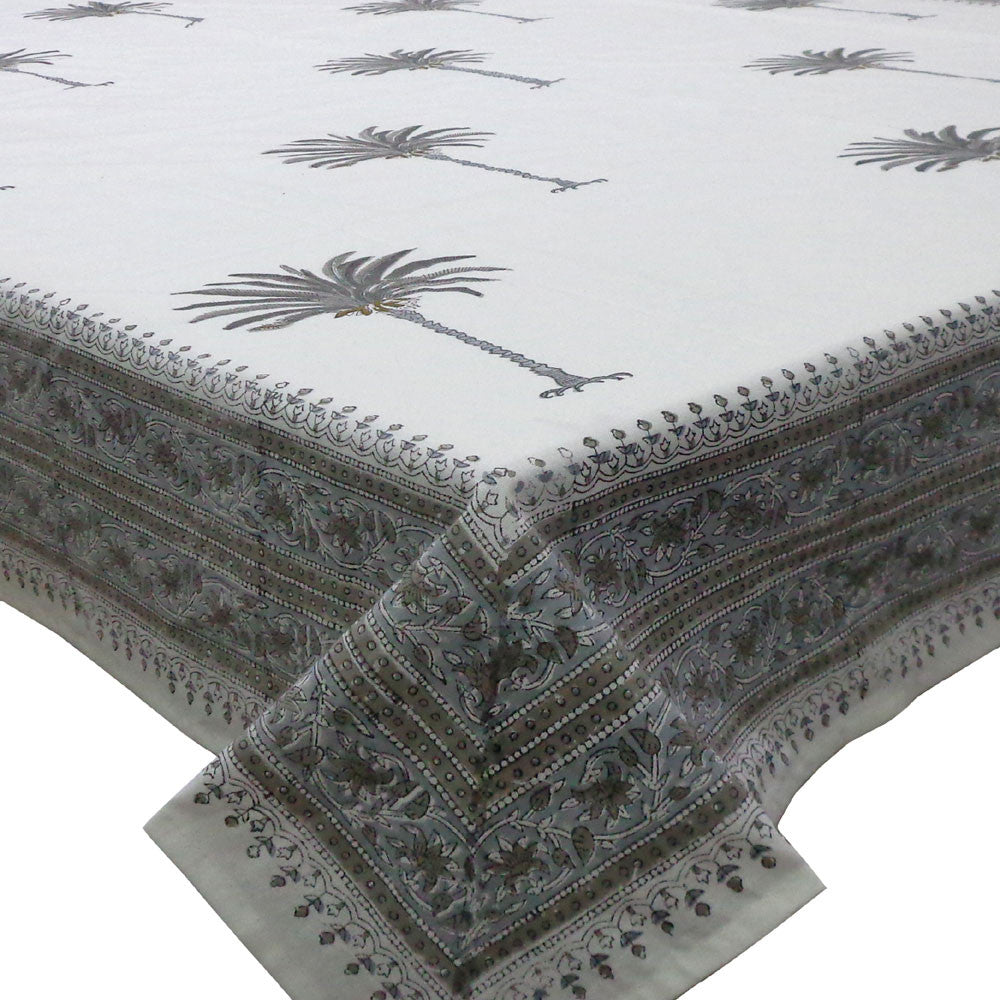 Tablecloth 12 seater in Cotton Hand Block Printed Cotton Tablecloth 180x340 cms | Palm Tree Grey 105175