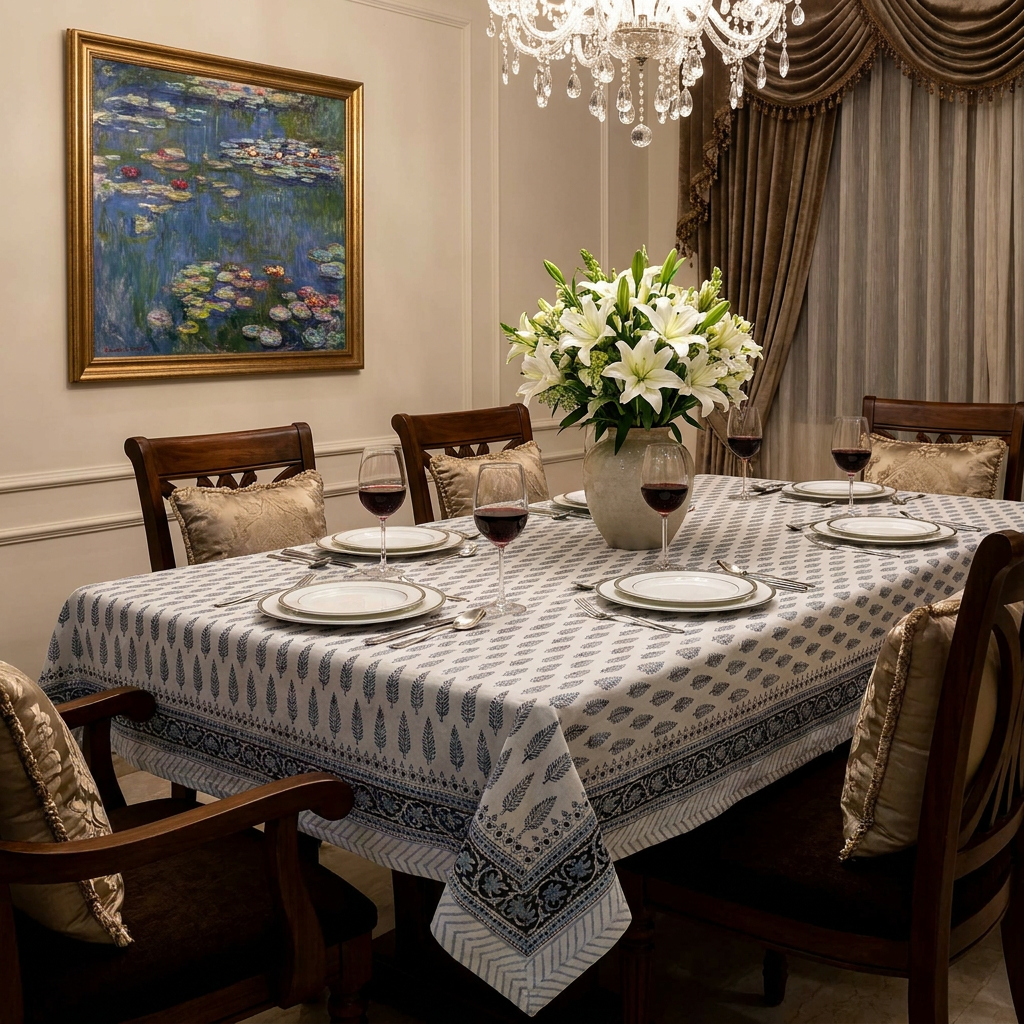 Tablecloth 12 seater in Cotton Hand Block Printed Cotton Tablecloth 180x340 cms | Winter Fall Tree Grey 107195