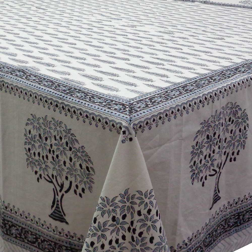 Tablecloth 12 seater in Cotton Hand Block Printed Cotton Tablecloth 180x340 cms | Winter Fall Tree Grey 107195