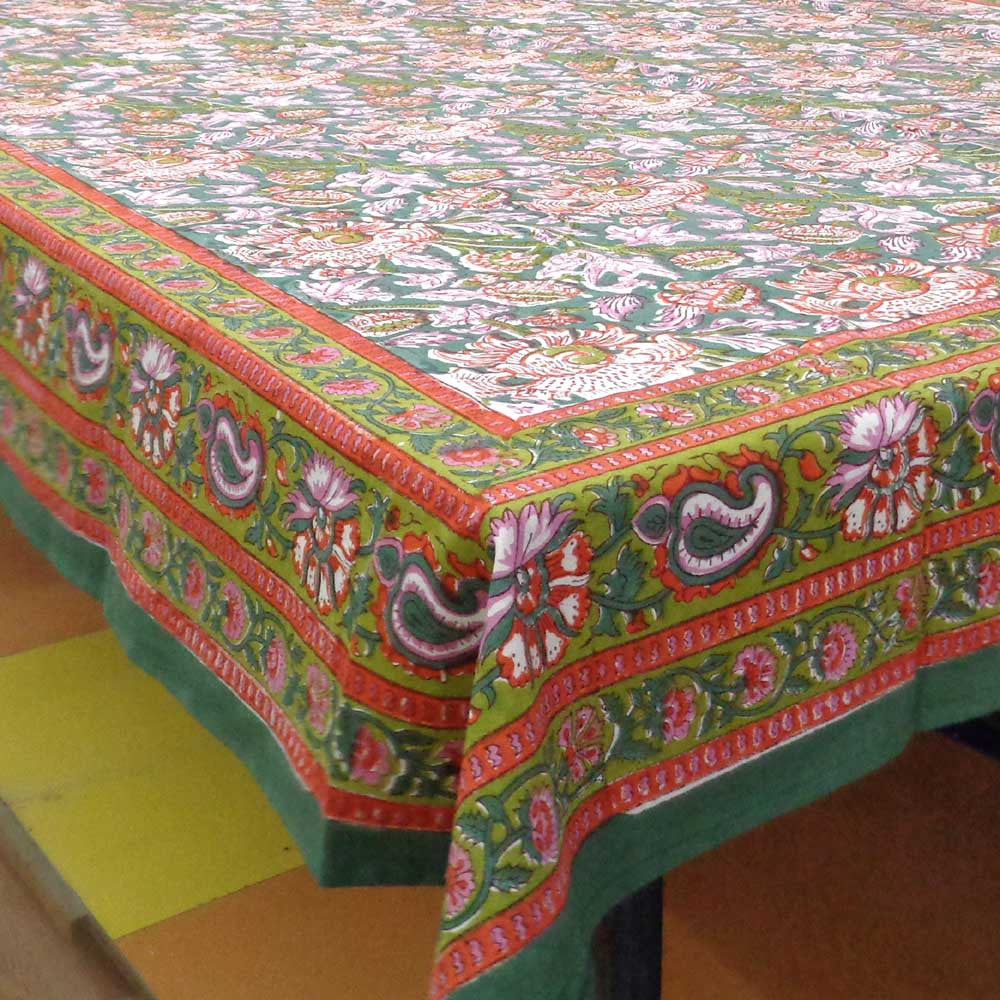 Tablecloth Block Printed in Cotton | Amarnath Green Gud 109001