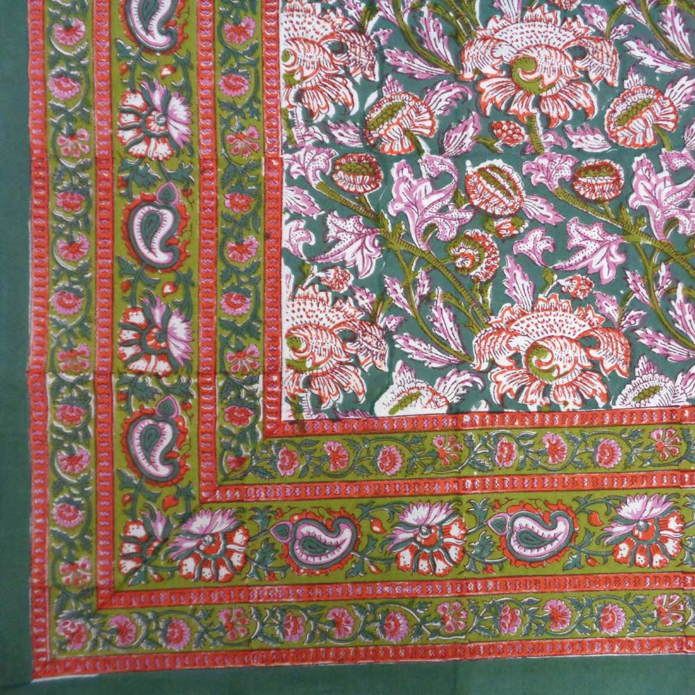 Tablecloth Block Printed in Cotton | Amarnath Green Gud 109001