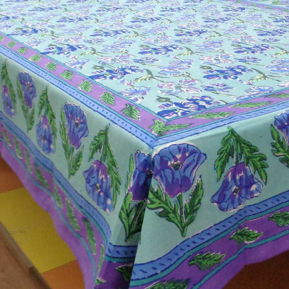Tablecloth Block Printed in Cotton | Blue Hibiscus Gud 109005