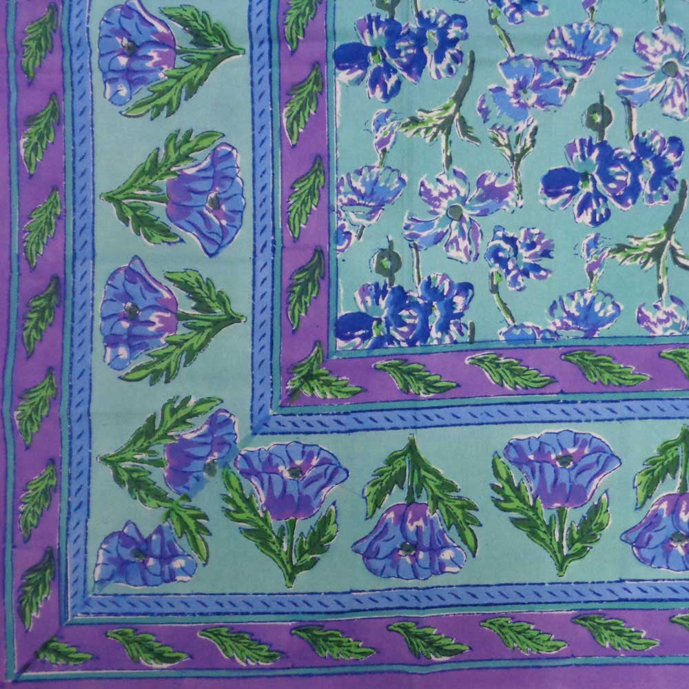Tablecloth Block Printed in Cotton | Blue Hibiscus Gud 109005
