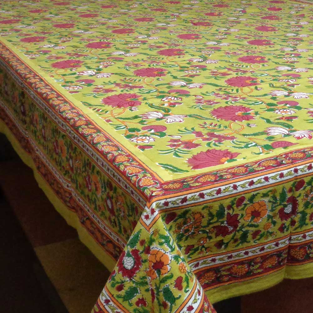 Tablecloth Block Printed in Cotton | Flower Blossom Canary 1001