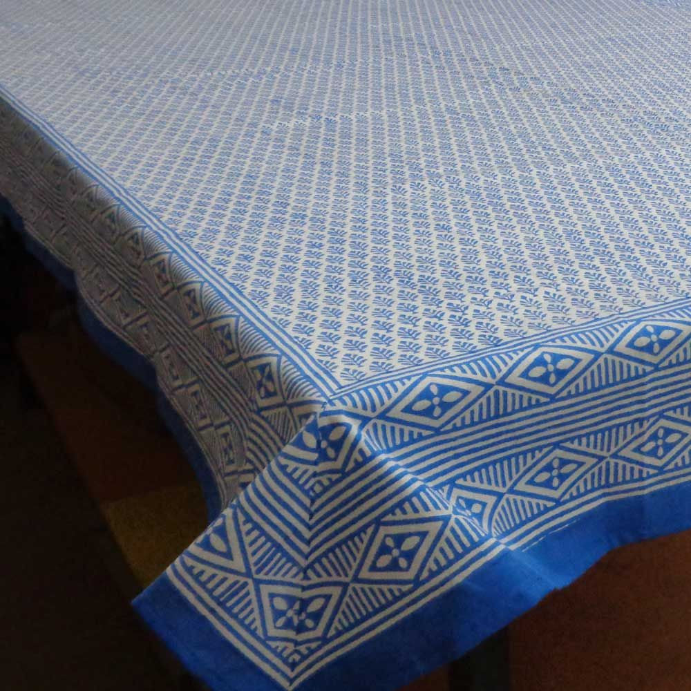 Tablecloth Block Printed in Cotton | Neem Geo Aqua 5210