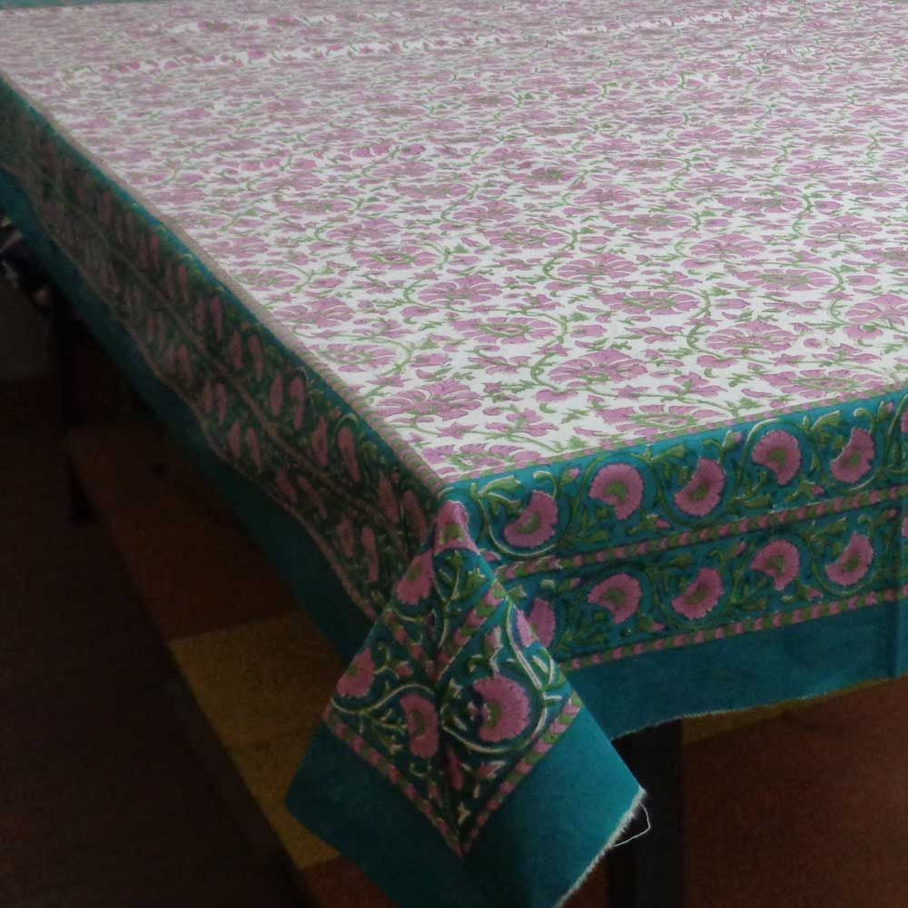 Tablecloth Block Printed in Cotton | Phool Kyari Pink 8054