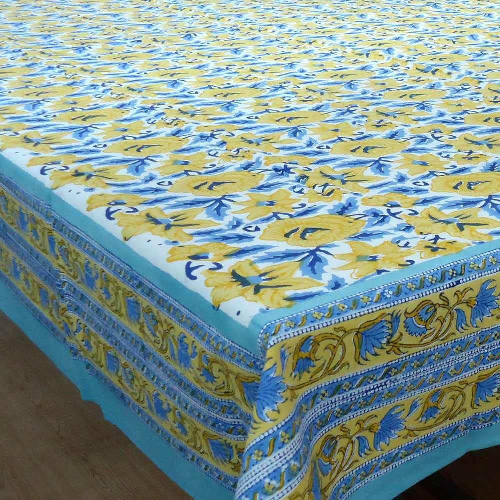 Tablecloth Block Printed in Cotton | Yellow Lisianthus