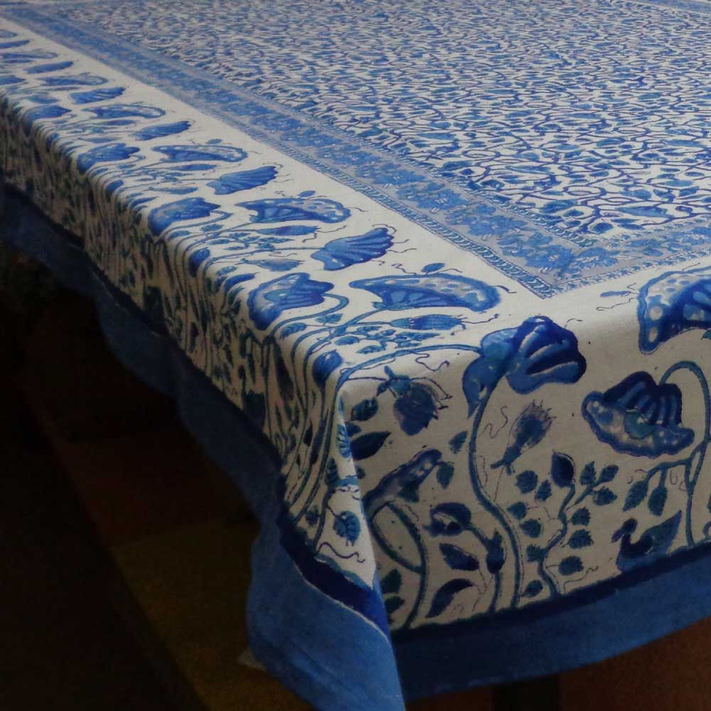 Waterlily Blue in open print Hand Block Printed tablecover SKU 0362