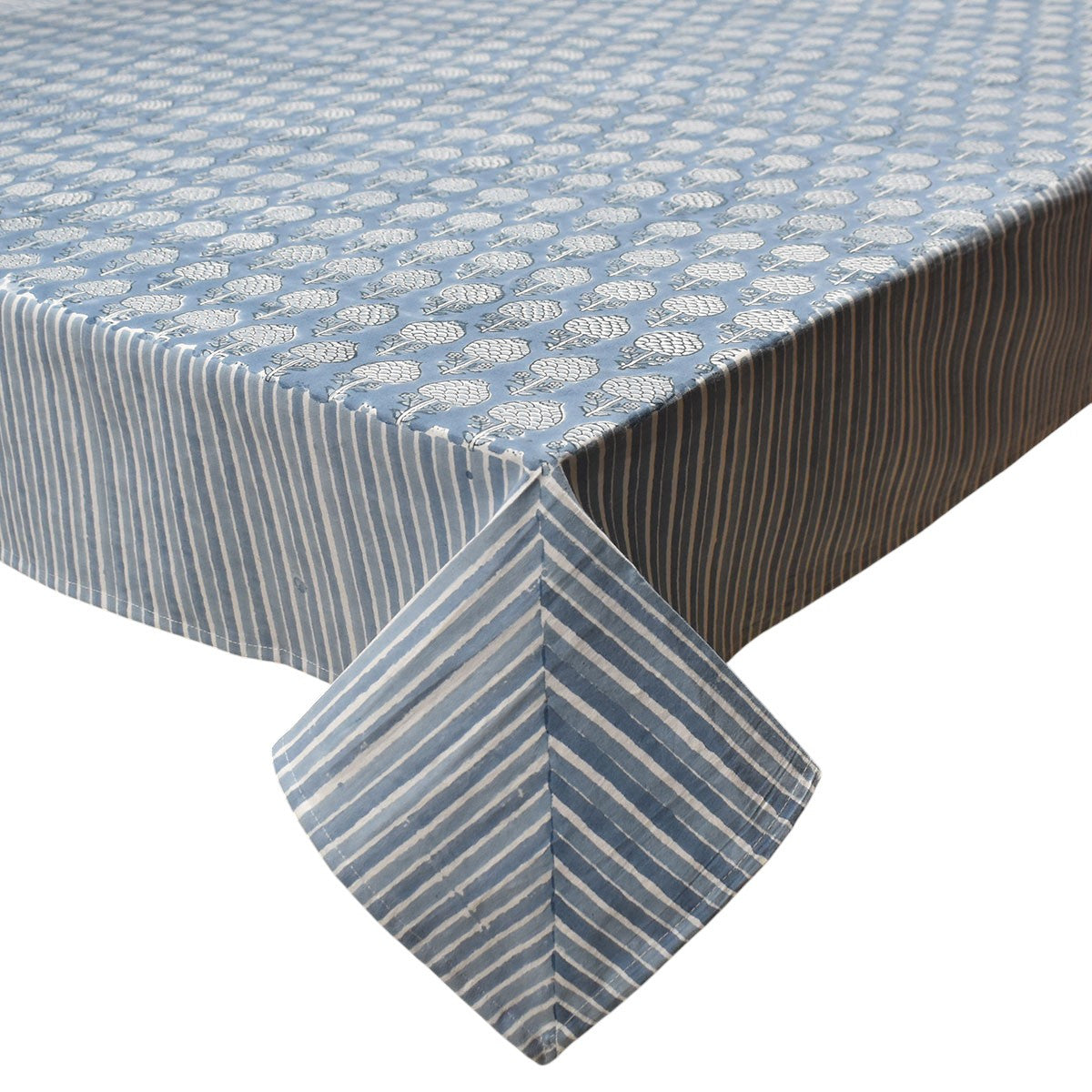 Wood Block Printed Handmade Tablecloth 150x220 cms | Artichoke Pearl Blue 251210