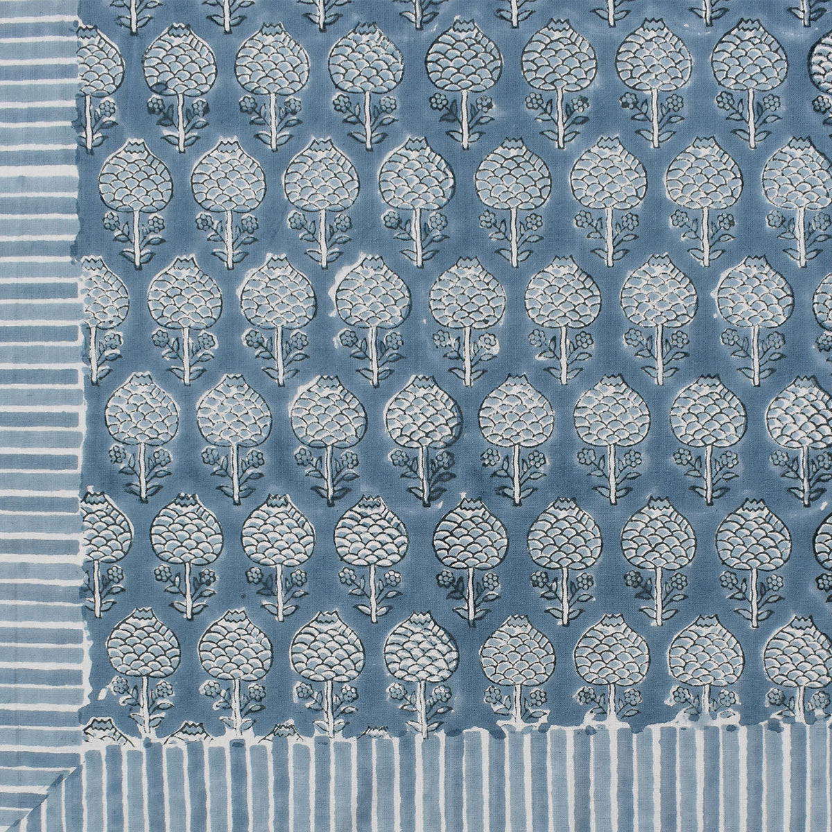 Wood Block Printed Handmade Tablecloth 150x220 cms | Artichoke Pearl Blue 251210